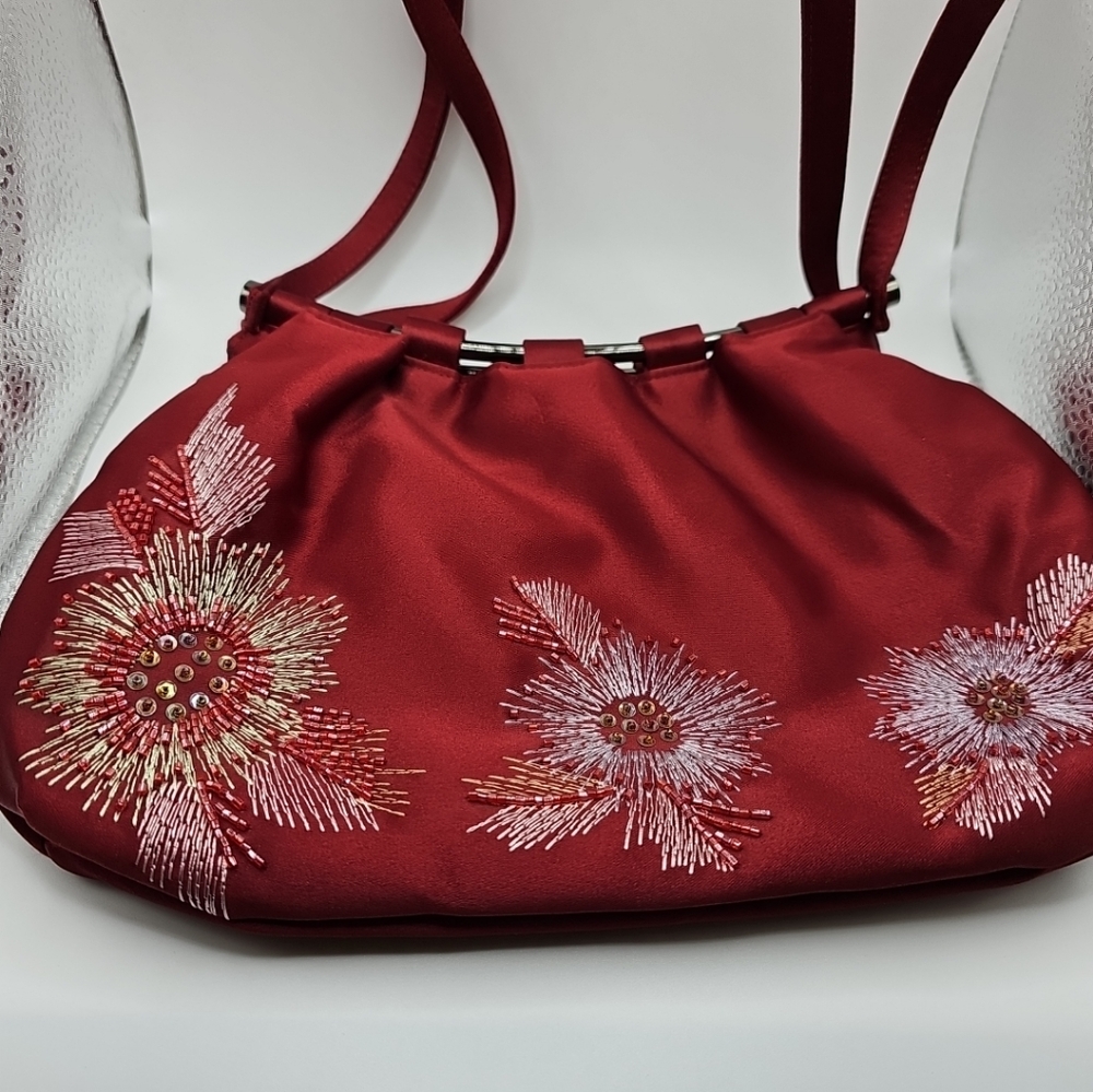 Drap Vintage Red Beaded Front Evening Bag Approx 11x8 Polyester  Made In Spain
